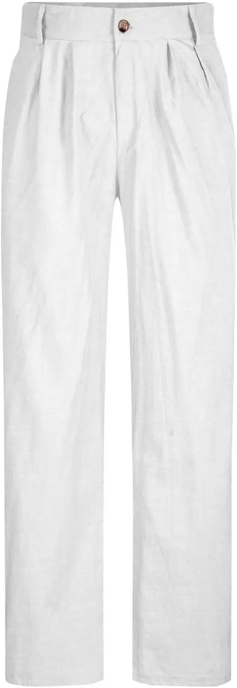 Linen Dress Pants Men Plain Front Pleated Pant Summer Outdoor Vacation Beach Lightweight Trousers Open Bottom Slacks
