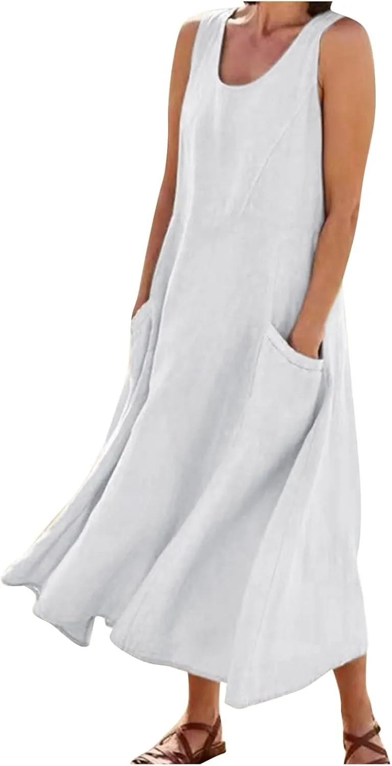 Linen Dresses for Women Casual Summer Comfy Cotton Sundresses Beach Vacation Sleeveless Loose Maxi Dress with Pocket