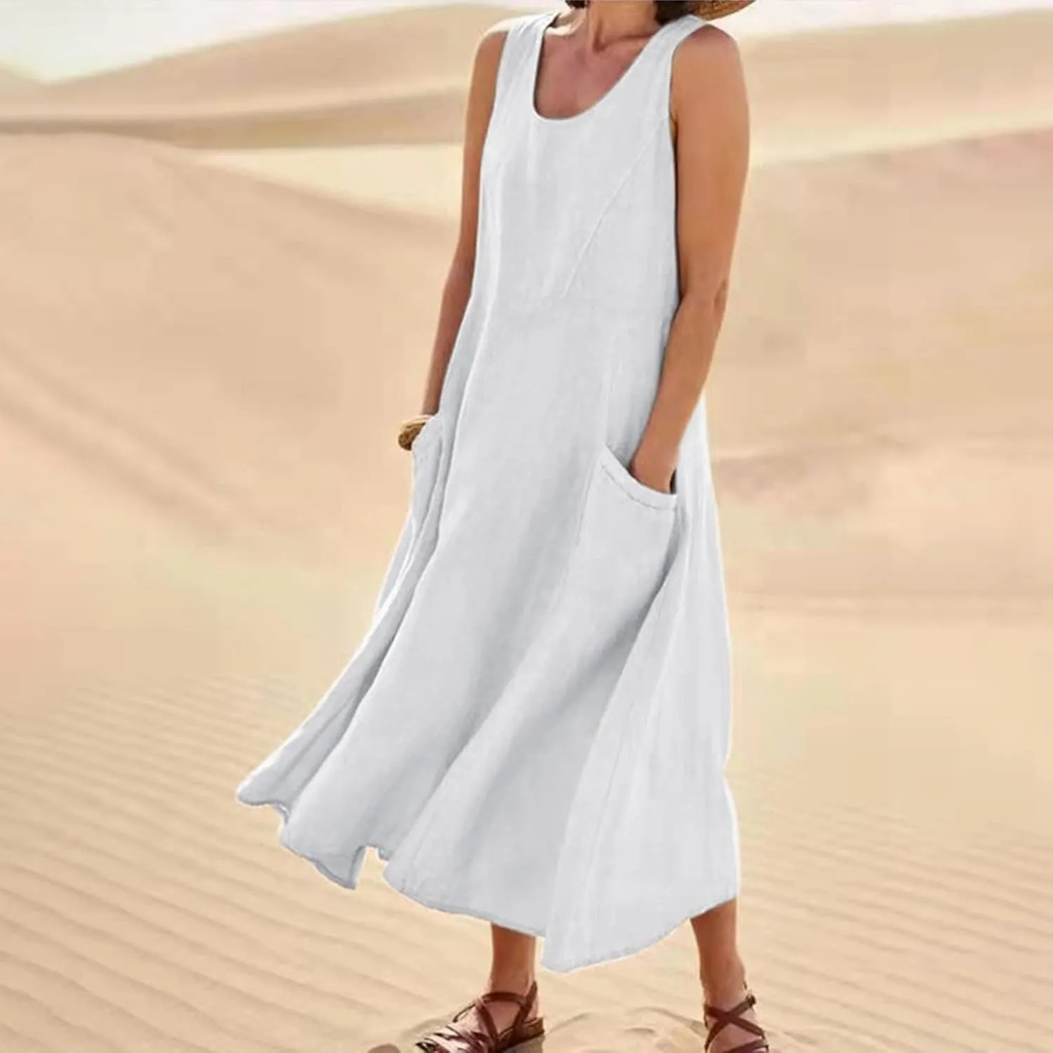 Linen Dresses for Women Casual Summer Comfy Cotton Sundresses Beach Vacation Sleeveless Loose Maxi Dress with Pocket
