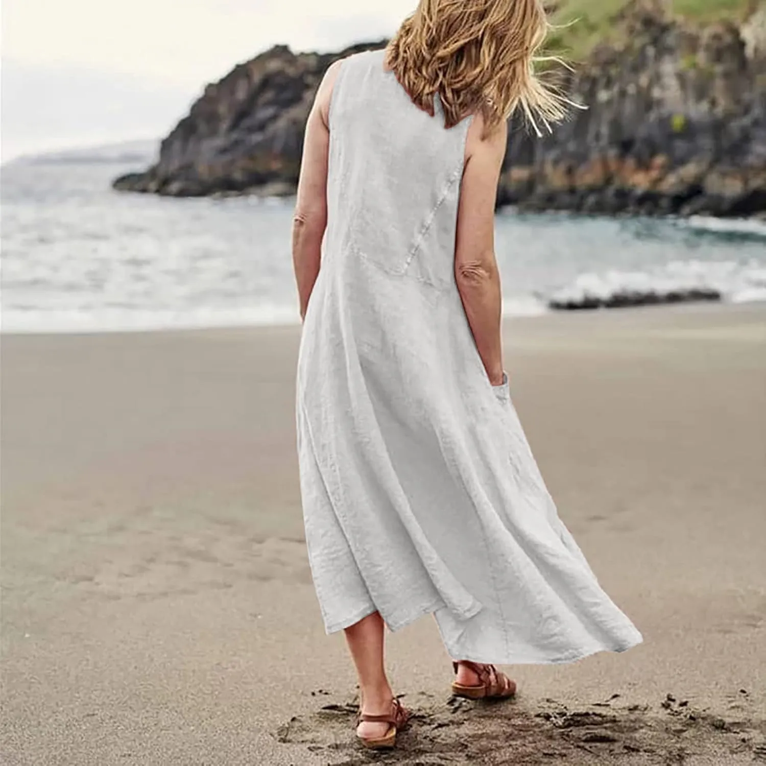 Linen Dresses for Women Casual Summer Comfy Cotton Sundresses Beach Vacation Sleeveless Loose Maxi Dress with Pocket