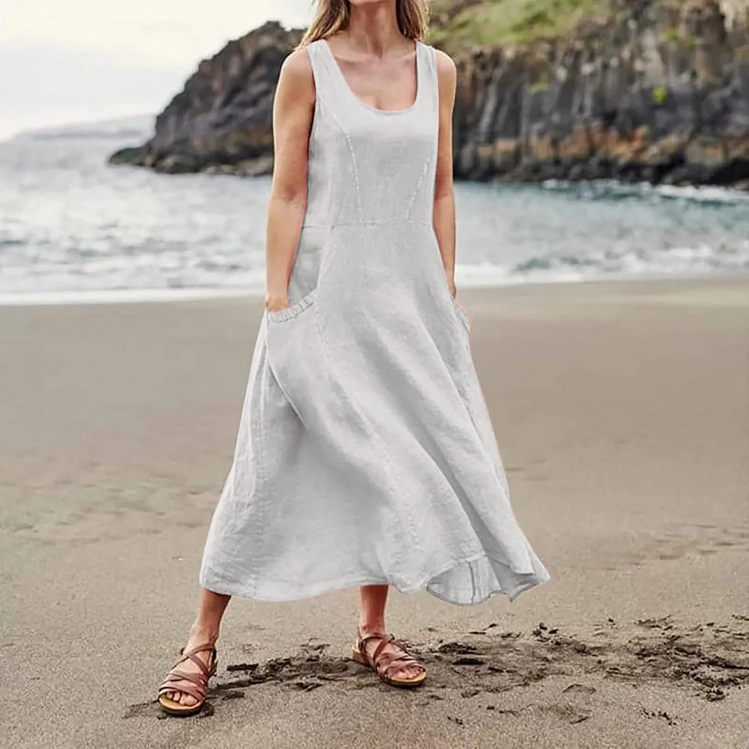 Linen Dresses for Women Casual Summer Comfy Cotton Sundresses Beach Vacation Sleeveless Loose Maxi Dress with Pocket