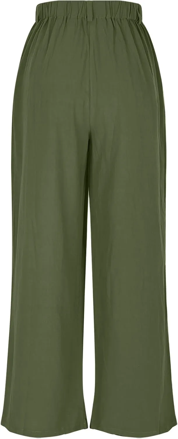 Linen Pants Women Linen Wide Leg Work Pant Casual Loose Linen Pants Solid Color Linen Capris Pant Trouser with Pockets