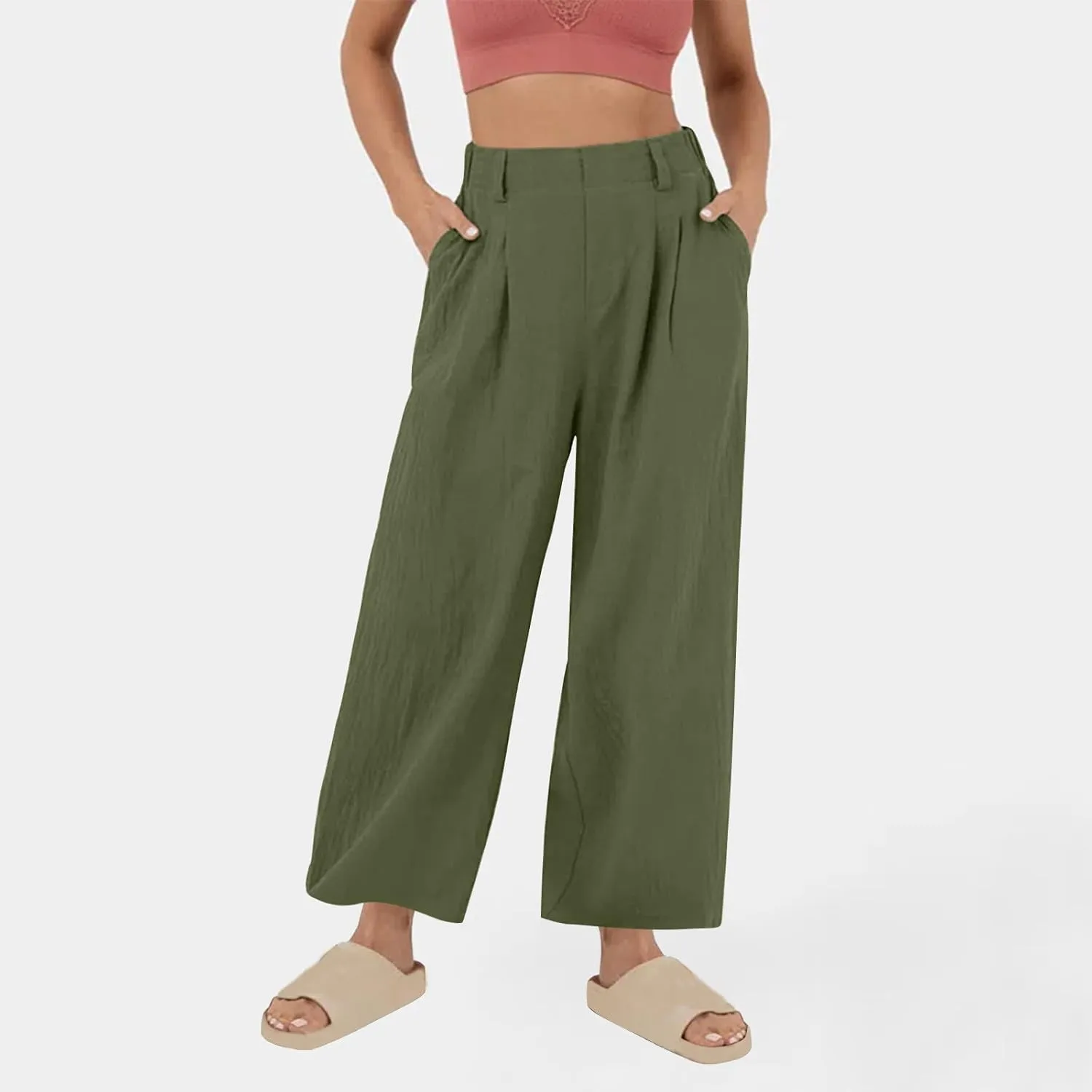 Linen Pants Women Linen Wide Leg Work Pant Casual Loose Linen Pants Solid Color Linen Capris Pant Trouser with Pockets