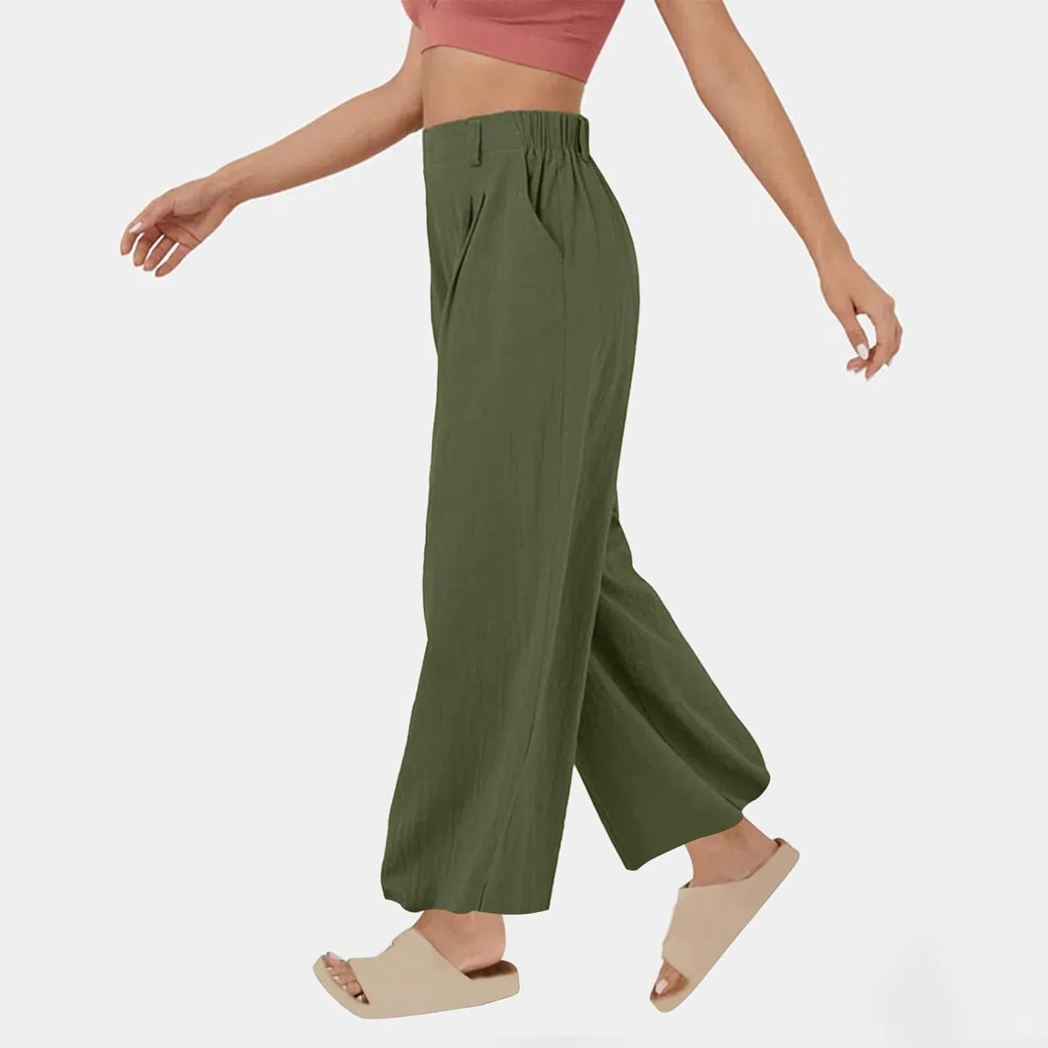 Linen Pants Women Linen Wide Leg Work Pant Casual Loose Linen Pants Solid Color Linen Capris Pant Trouser with Pockets