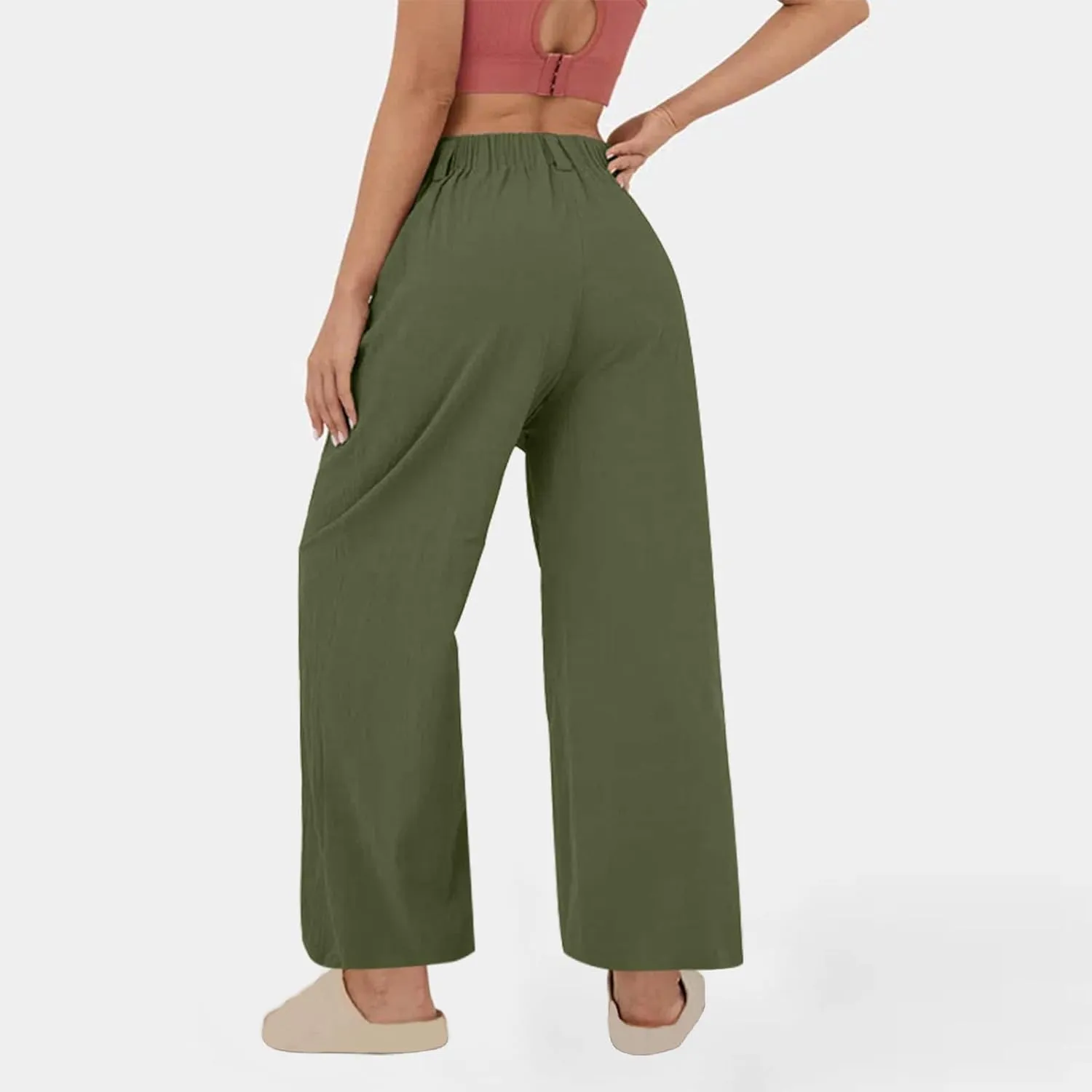 Linen Pants Women Linen Wide Leg Work Pant Casual Loose Linen Pants Solid Color Linen Capris Pant Trouser with Pockets