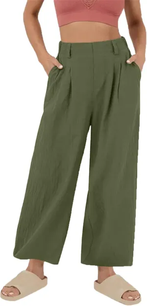 Linen Pants Women Linen Wide Leg Work Pant Casual Loose Linen Pants Solid Color Linen Capris Pant Trouser with Pockets
