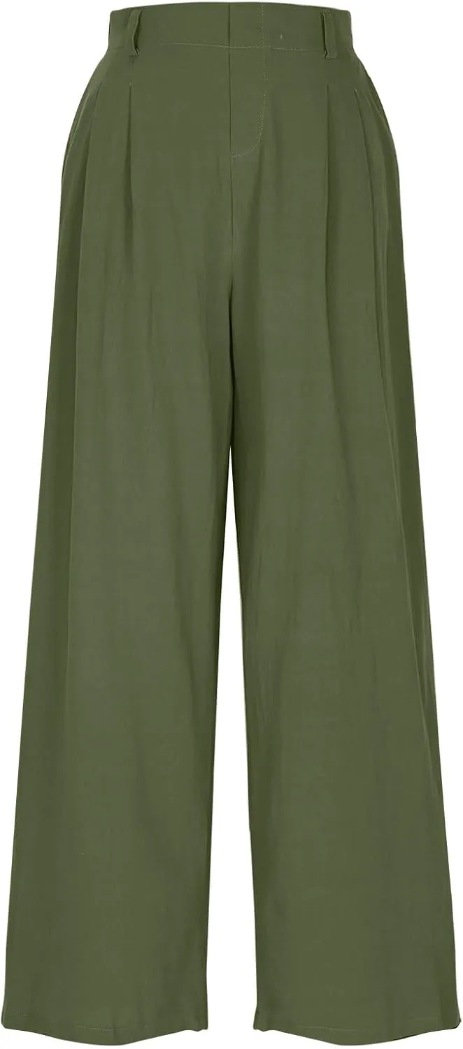 Linen Pants Women Linen Wide Leg Work Pant Casual Loose Linen Pants Solid Color Linen Capris Pant Trouser with Pockets