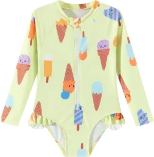 LIZENS Girls' One-Piece Swimwear Rash Guard Swimsuit Zipper Bathing Suits Long Sleeve Ruffle Girl Full Cover Flower Print