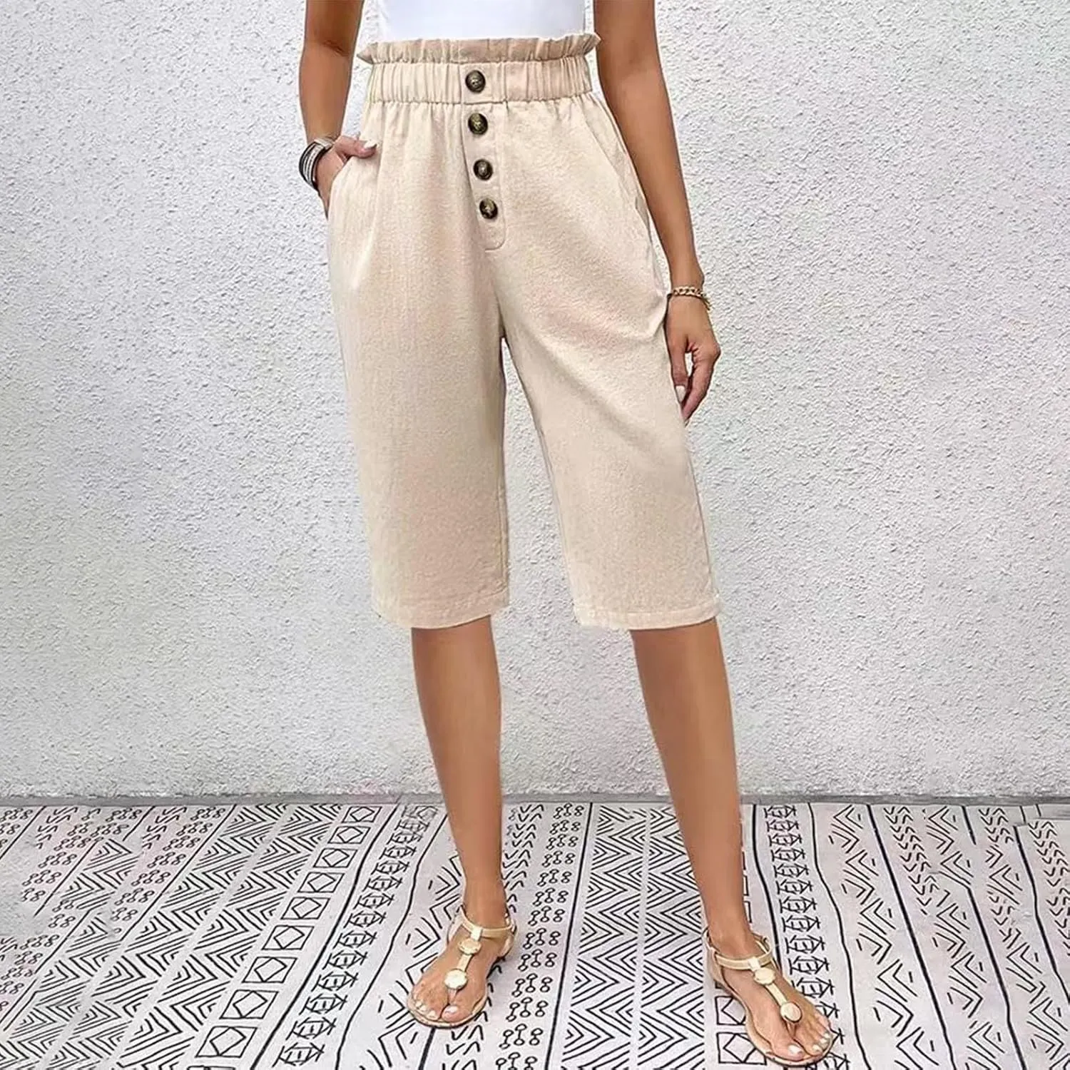 Lmdudan 2025 Cotton Linen Bermuda Shorts for Women High Waisted Trendy Pockets Short Pants Casual Summer Button Shorts