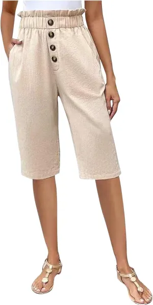 Lmdudan 2025 Cotton Linen Bermuda Shorts for Women High Waisted Trendy Pockets Short Pants Casual Summer Button Shorts