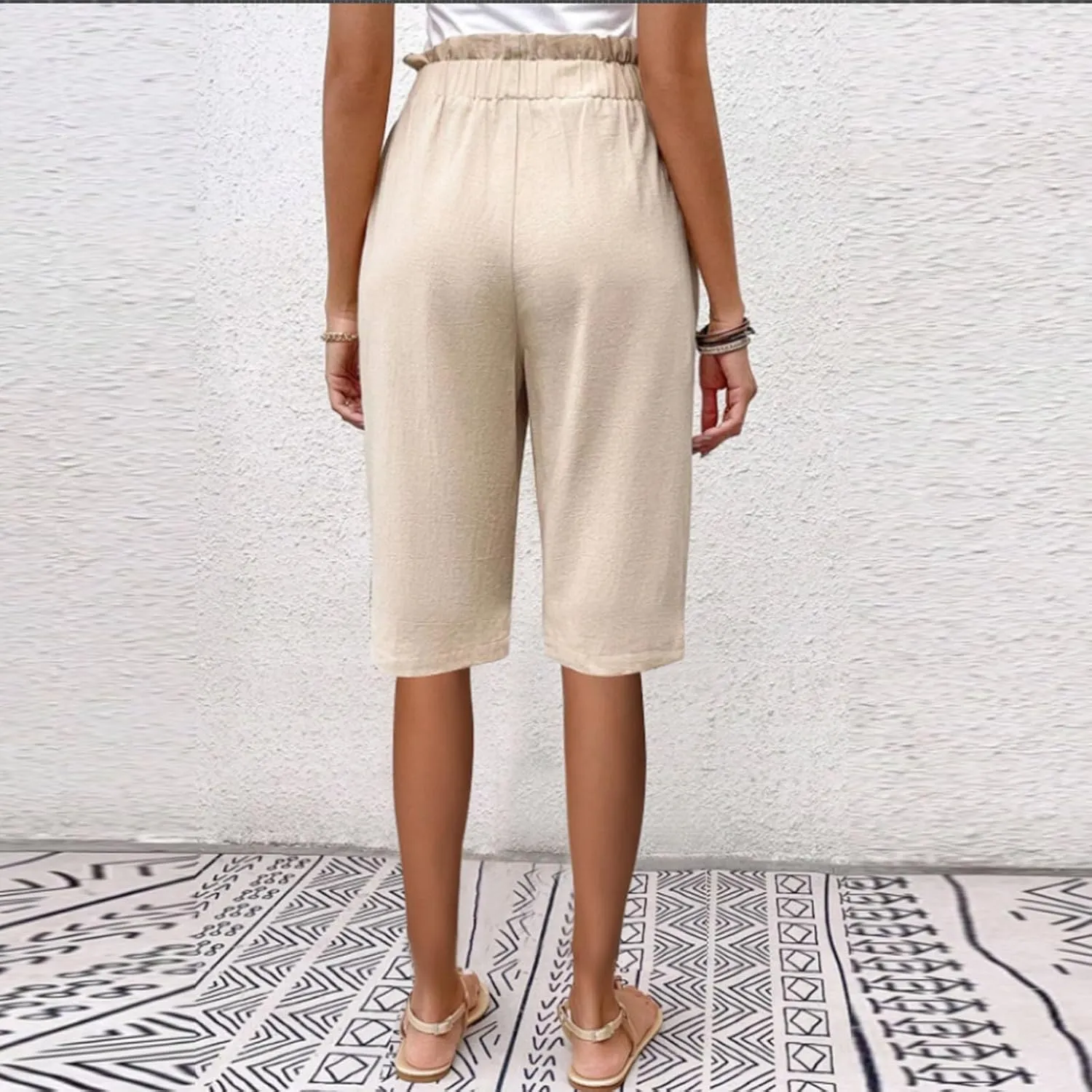 Lmdudan 2025 Cotton Linen Bermuda Shorts for Women High Waisted Trendy Pockets Short Pants Casual Summer Button Shorts
