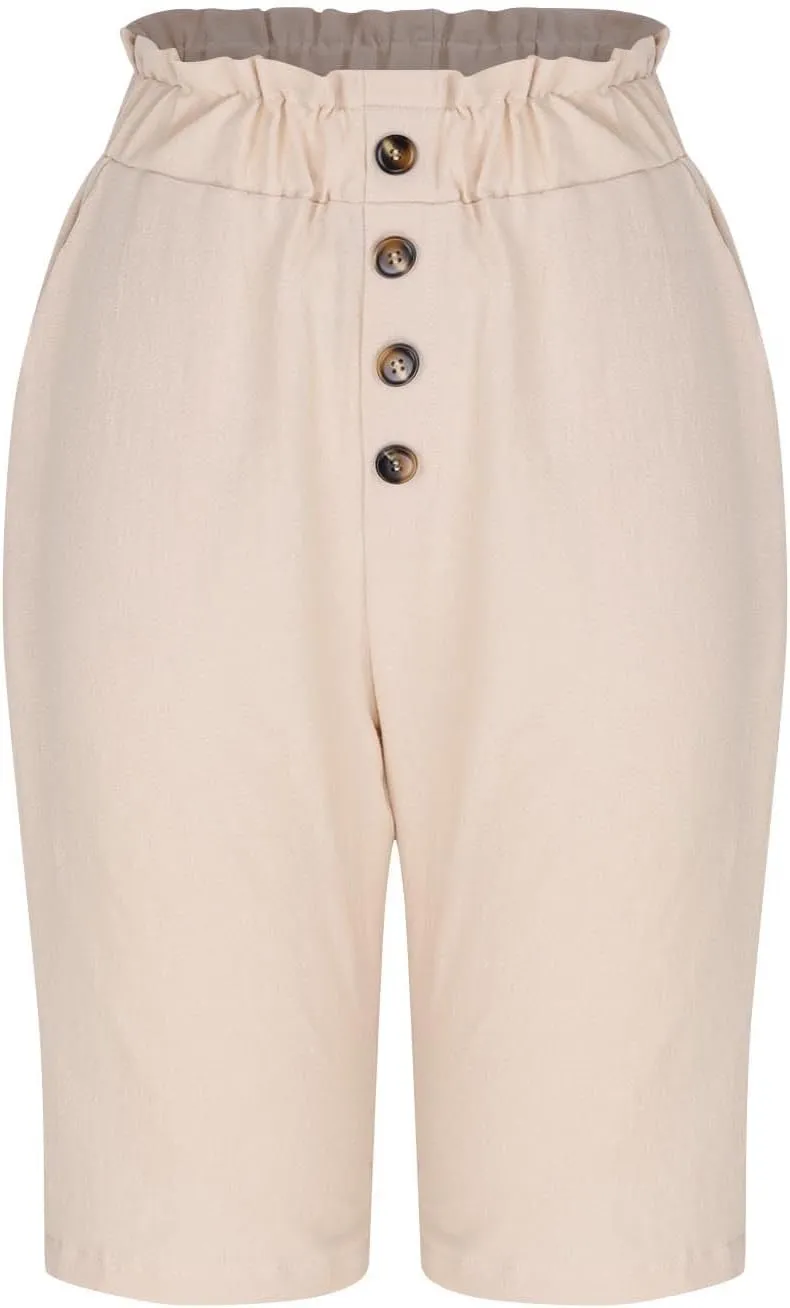 Lmdudan 2025 Cotton Linen Bermuda Shorts for Women High Waisted Trendy Pockets Short Pants Casual Summer Button Shorts
