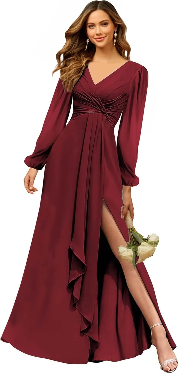Long Sleeve Bridesmaid Dresses for Wedding V Neck Pleated Chiffon Formal Evening Dress with Slit