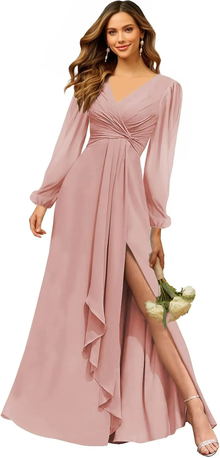 Long Sleeve Bridesmaid Dresses for Wedding V Neck Pleated Chiffon Formal Evening Dress with Slit