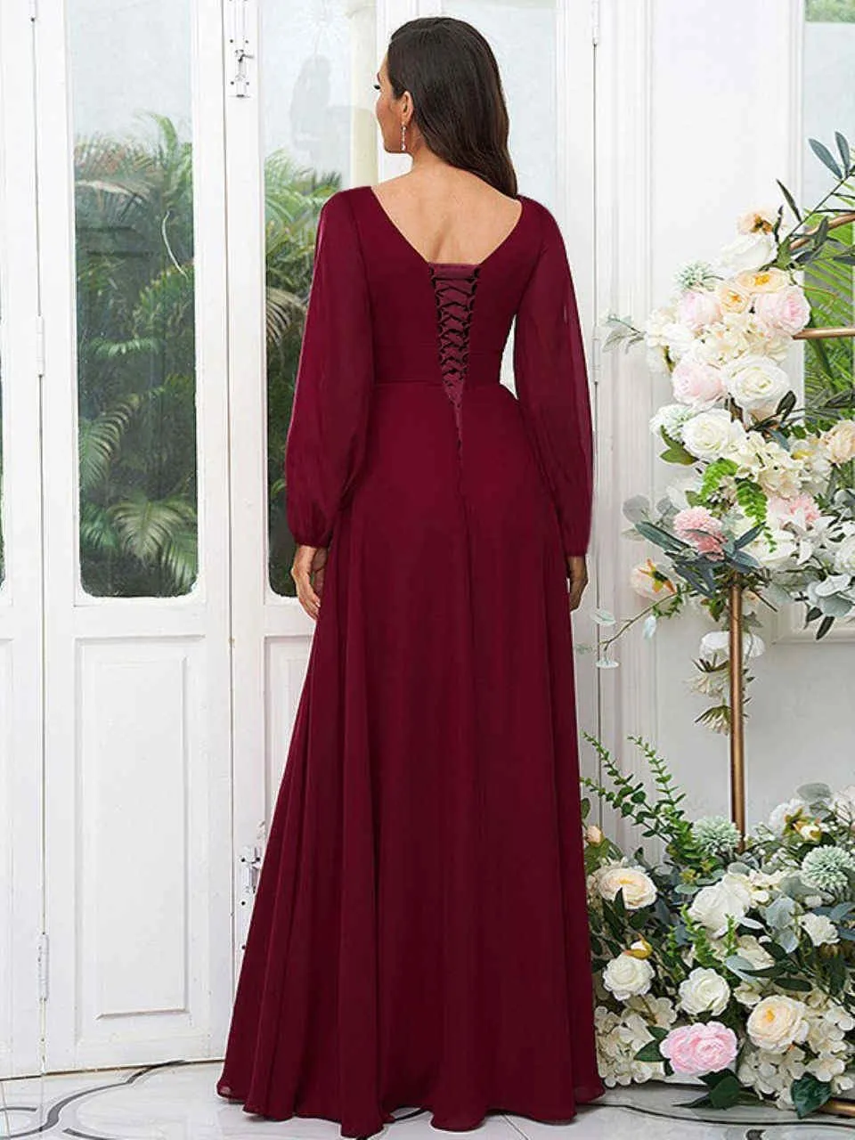 Long Sleeve Bridesmaid Dresses for Wedding V Neck Pleated Chiffon Formal Evening Dress with Slit