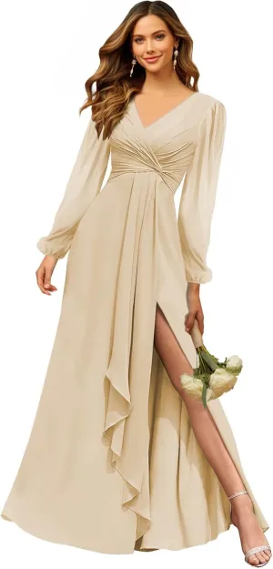 Long Sleeve Bridesmaid Dresses for Wedding V Neck Pleated Chiffon Formal Evening Dress with Slit