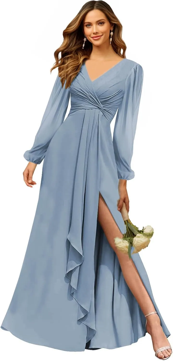 Long Sleeve Bridesmaid Dresses for Wedding V Neck Pleated Chiffon Formal Evening Dress with Slit