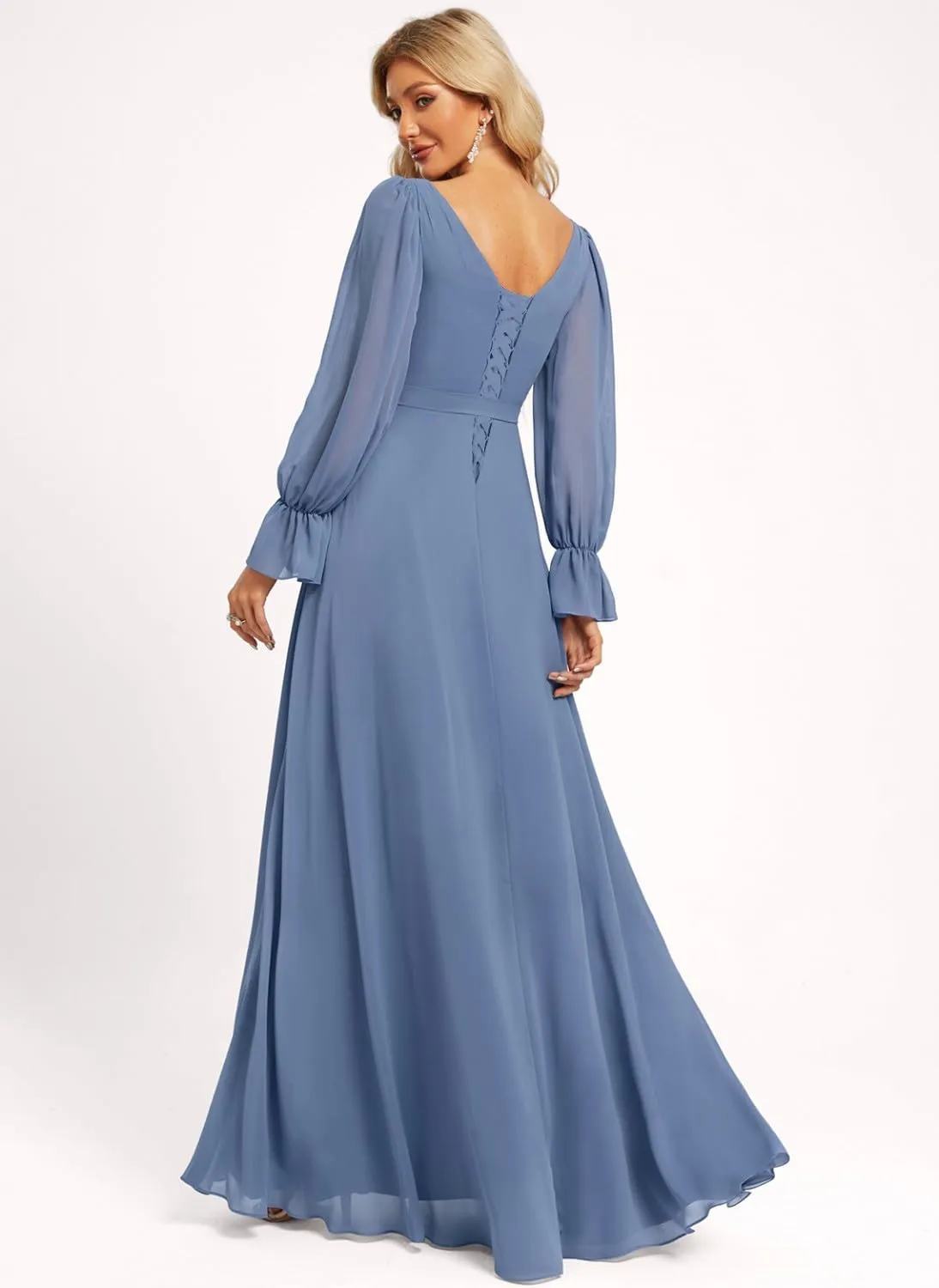 Loyeloy Women's Long Sleeves Bridesmaid Dresses with Slit 2024 V Neck Aline Ruffles Chiffon Aline Formal Evening Gowns