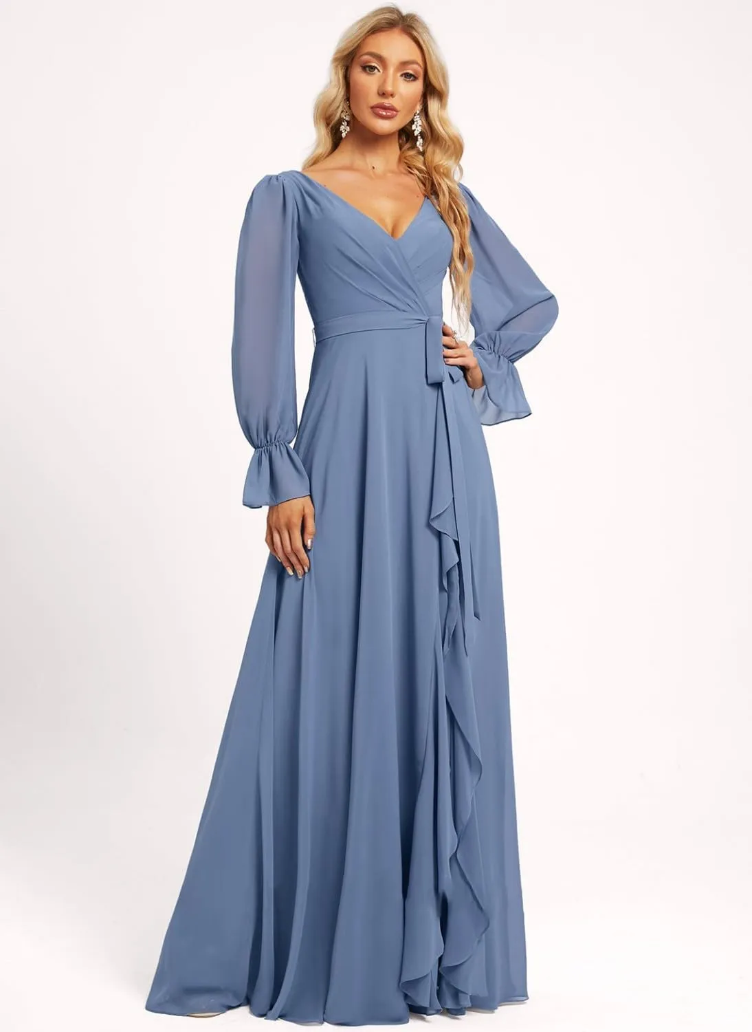 Loyeloy Women's Long Sleeves Bridesmaid Dresses with Slit 2024 V Neck Aline Ruffles Chiffon Aline Formal Evening Gowns