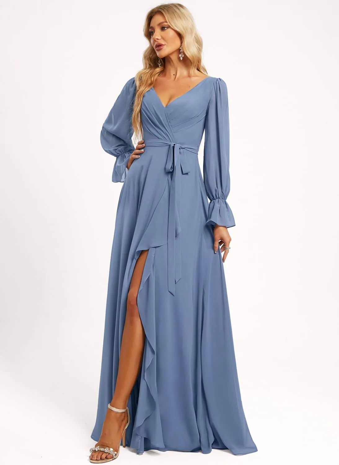 Loyeloy Women's Long Sleeves Bridesmaid Dresses with Slit 2024 V Neck Aline Ruffles Chiffon Aline Formal Evening Gowns