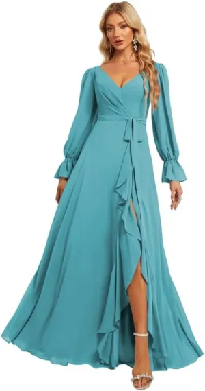 Loyeloy Women's Long Sleeves Bridesmaid Dresses with Slit 2024 V Neck Aline Ruffles Chiffon Aline Formal Evening Gowns