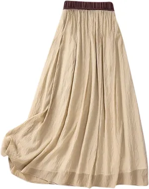 Lpmadey Women's Bohemian Style Elastic Waist Band Cotton Linen Long Maxi Skirt Dress 2024 Summer Solid A-Line Flared Skirts