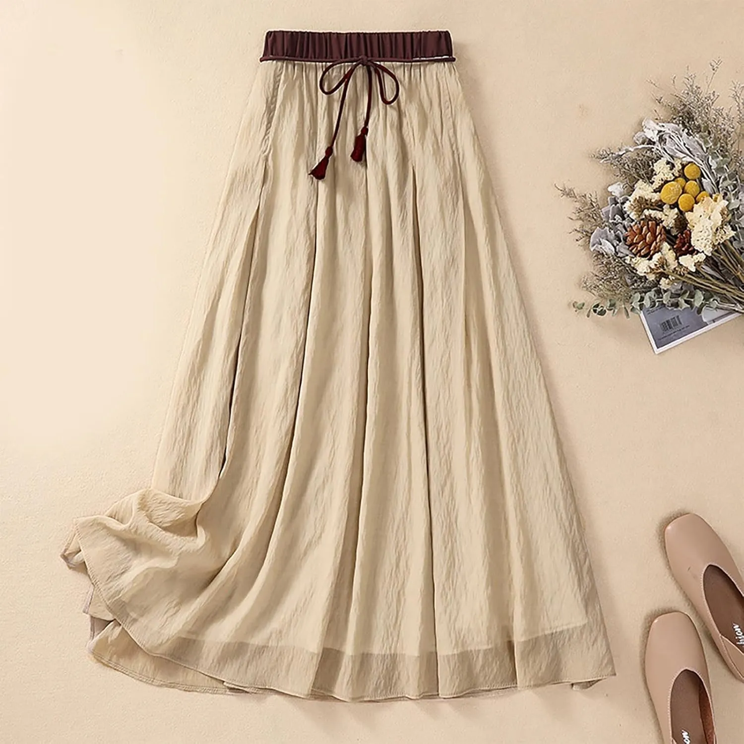 Lpmadey Women's Bohemian Style Elastic Waist Band Cotton Linen Long Maxi Skirt Dress 2024 Summer Solid A-Line Flared Skirts