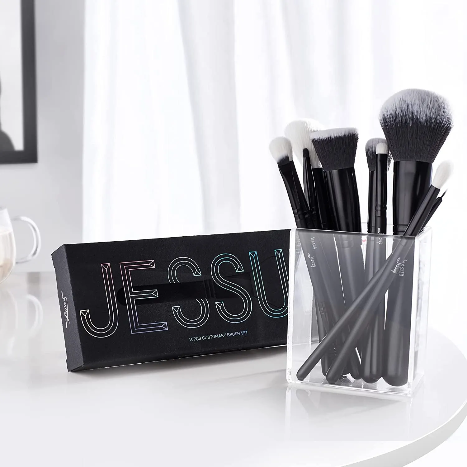 Makeup Brush Set 10Pcs Black Make up Brushes Set Professional with Natural Synthetic Hair for Foundation Blending Blush Concealer Eyeshadow Eyebrow Eyeliner, T323