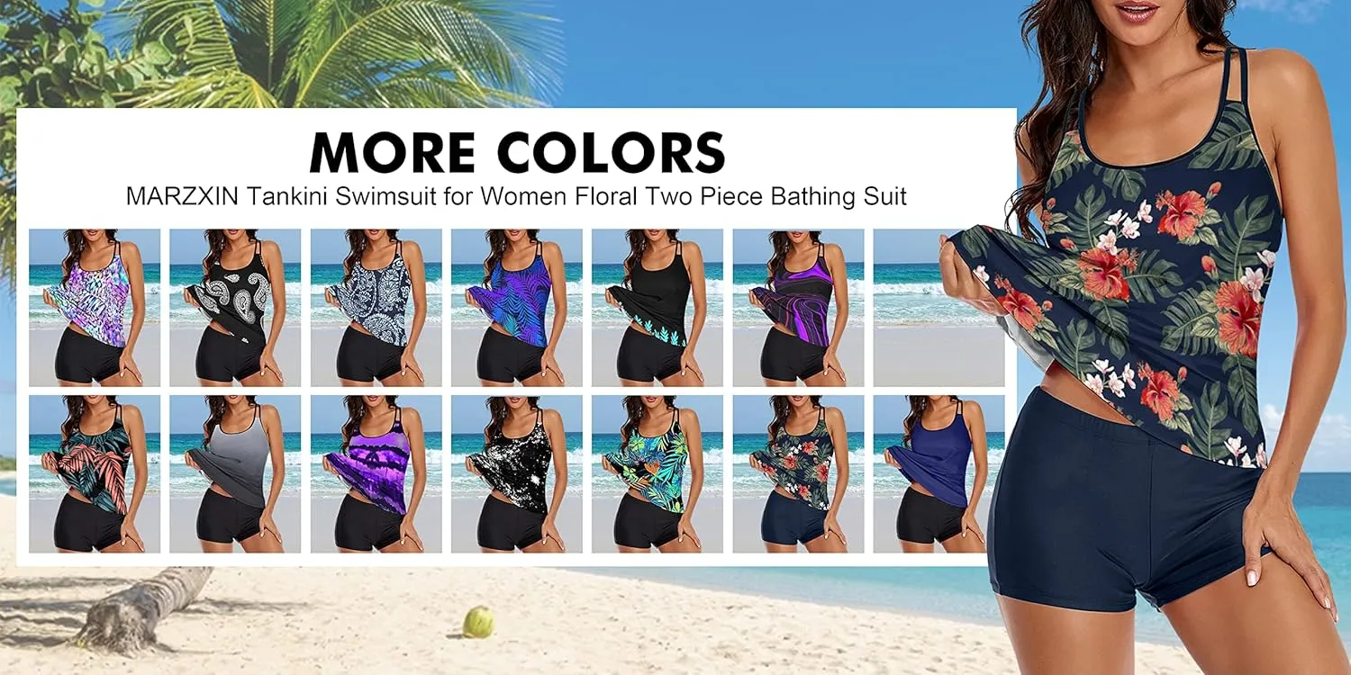 MARZXIN Tankini Swimsuit for Women Floral Two Piece Bathing Suit Swimwear Tank Top Swimwear with Boyshorts