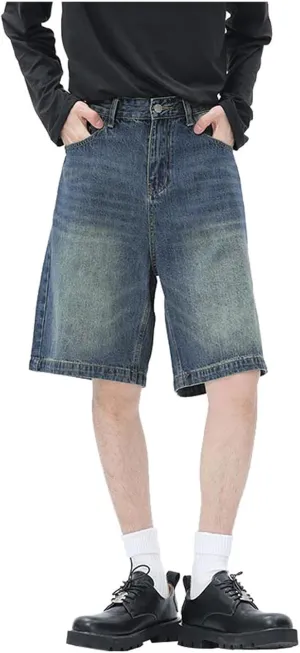 Men Loose Denim Shorts Baggy Casual Summer Wide Leg Mid Jean Jorts Hip Hop Shorts Streetwear with Pockets