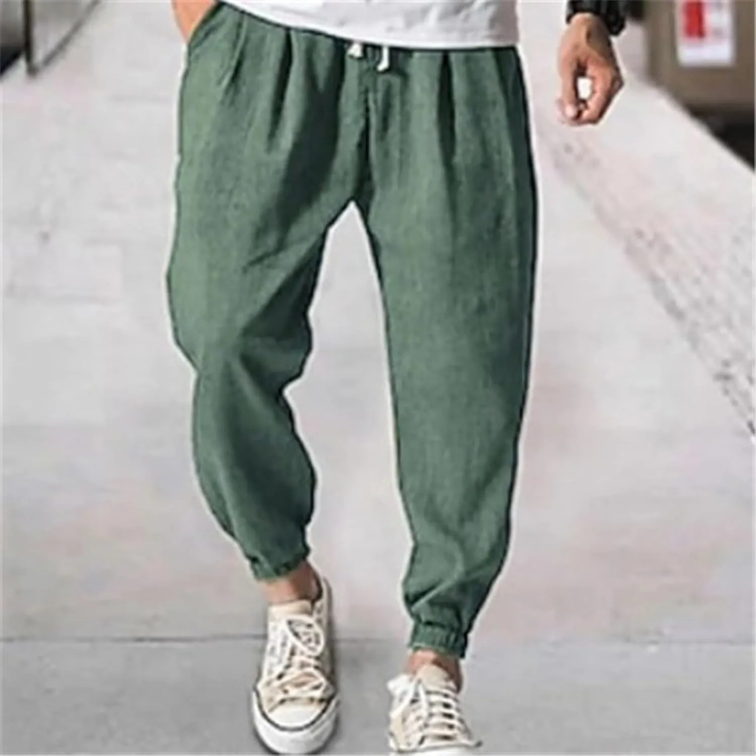Mens Linen Tapered Pants Plus Size Lightweight Drawstring Waist Vacation Harem Trousers Summer Trendy Loose Slacks