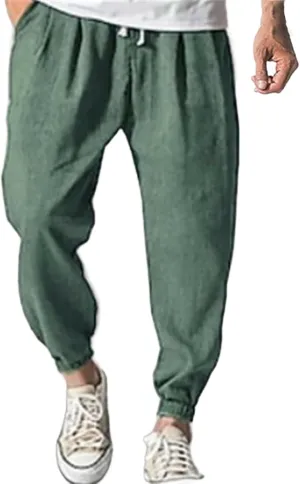 Mens Linen Tapered Pants Plus Size Lightweight Drawstring Waist Vacation Harem Trousers Summer Trendy Loose Slacks