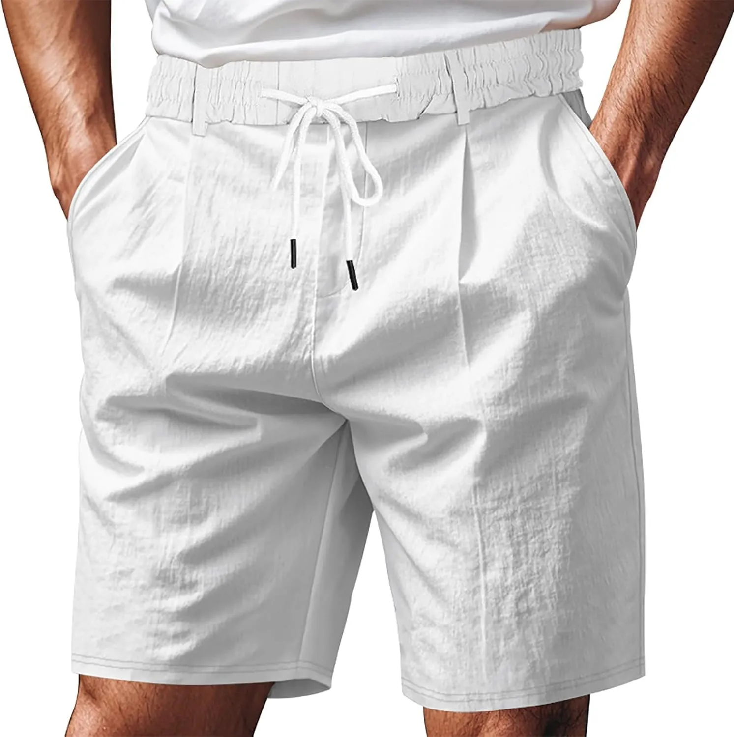Mens Summer Linen Shorts Elastic Waist Drawstring Classic Cotton Beach Stretch Chino Athletic Shorts with Pockets