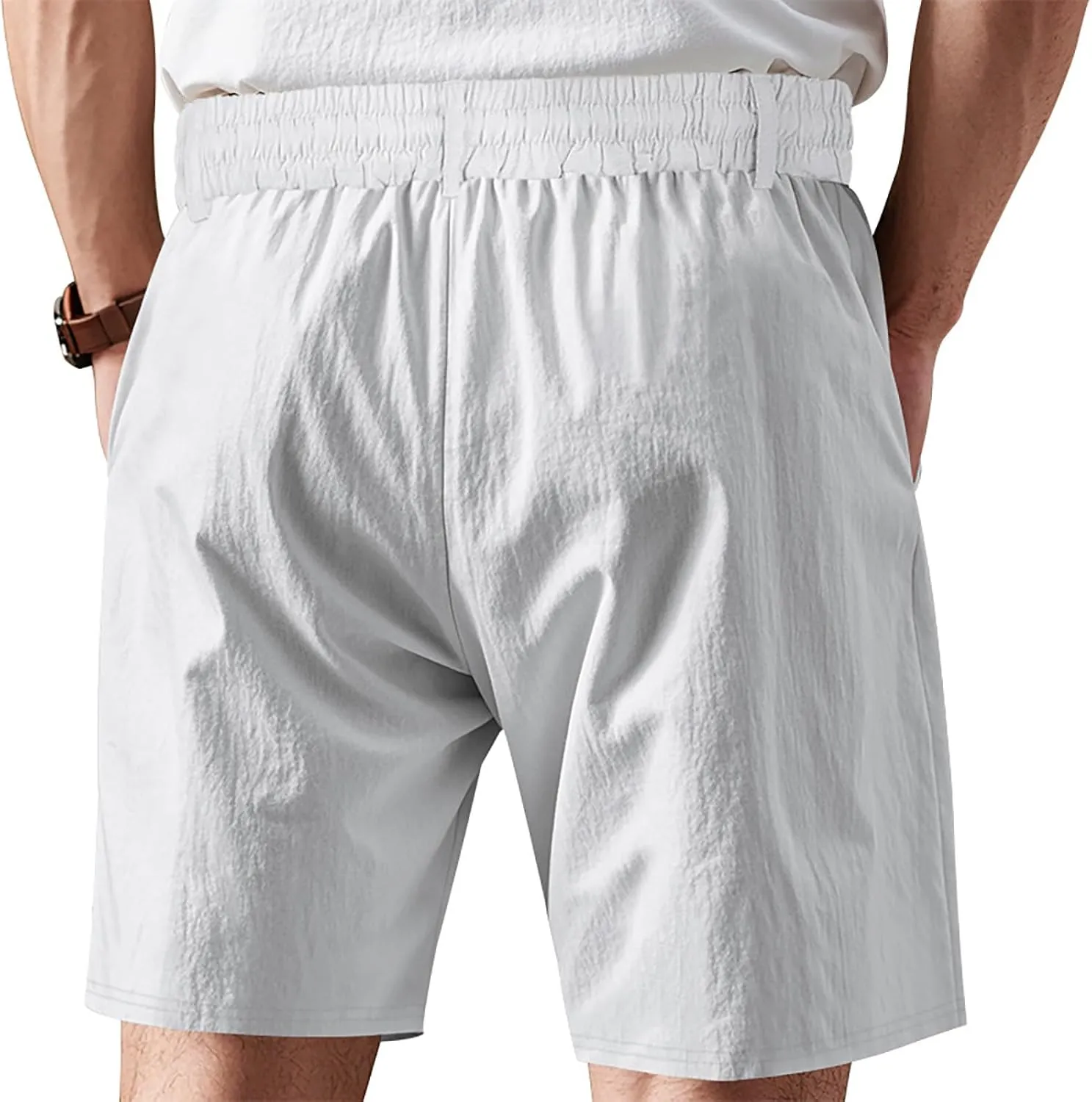 Mens Summer Linen Shorts Elastic Waist Drawstring Classic Cotton Beach Stretch Chino Athletic Shorts with Pockets