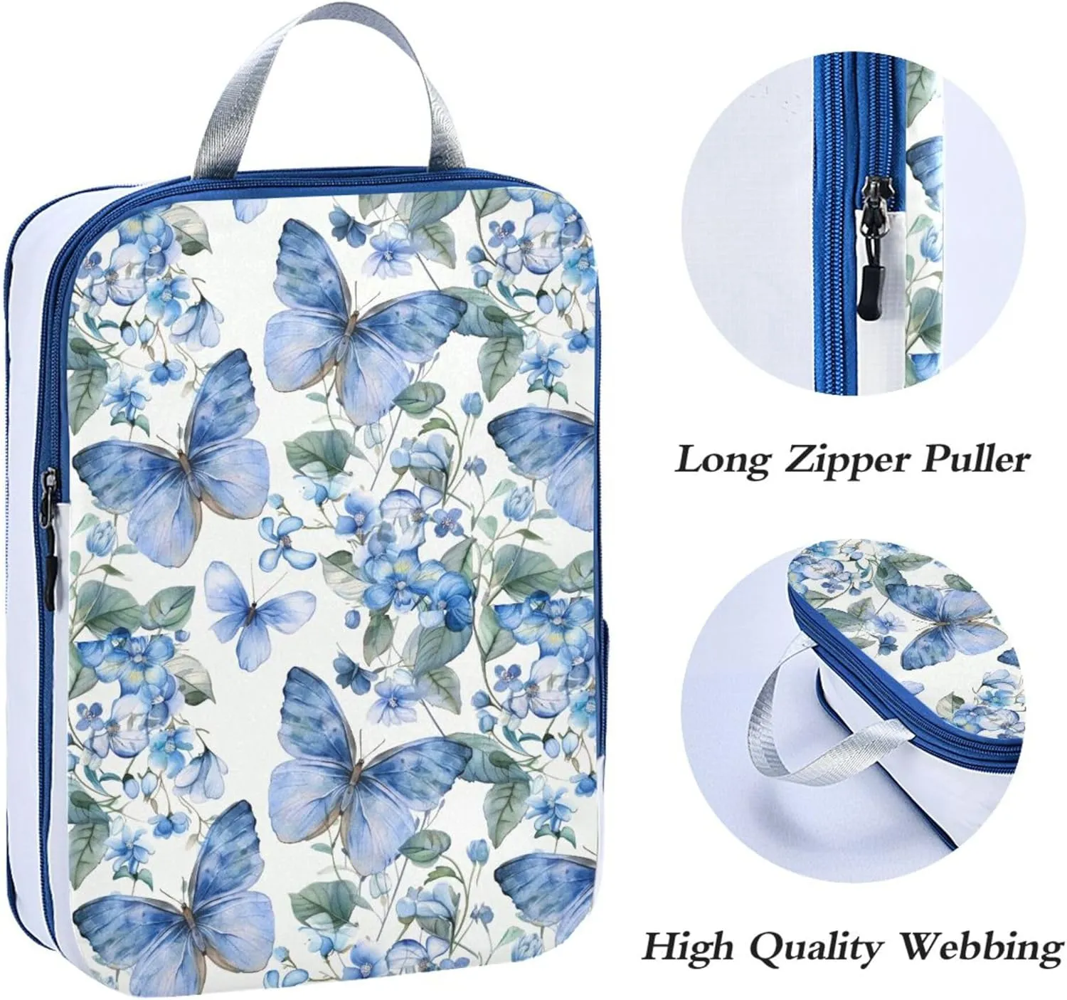 MNSRUU Compression Packing Cubes for Suitcases 3 Set, Butterflies and Leaves Blue Flowers Travel Luggage Organiser Portable Toiletry Storage Bags for Clothes Shoes Home Storage