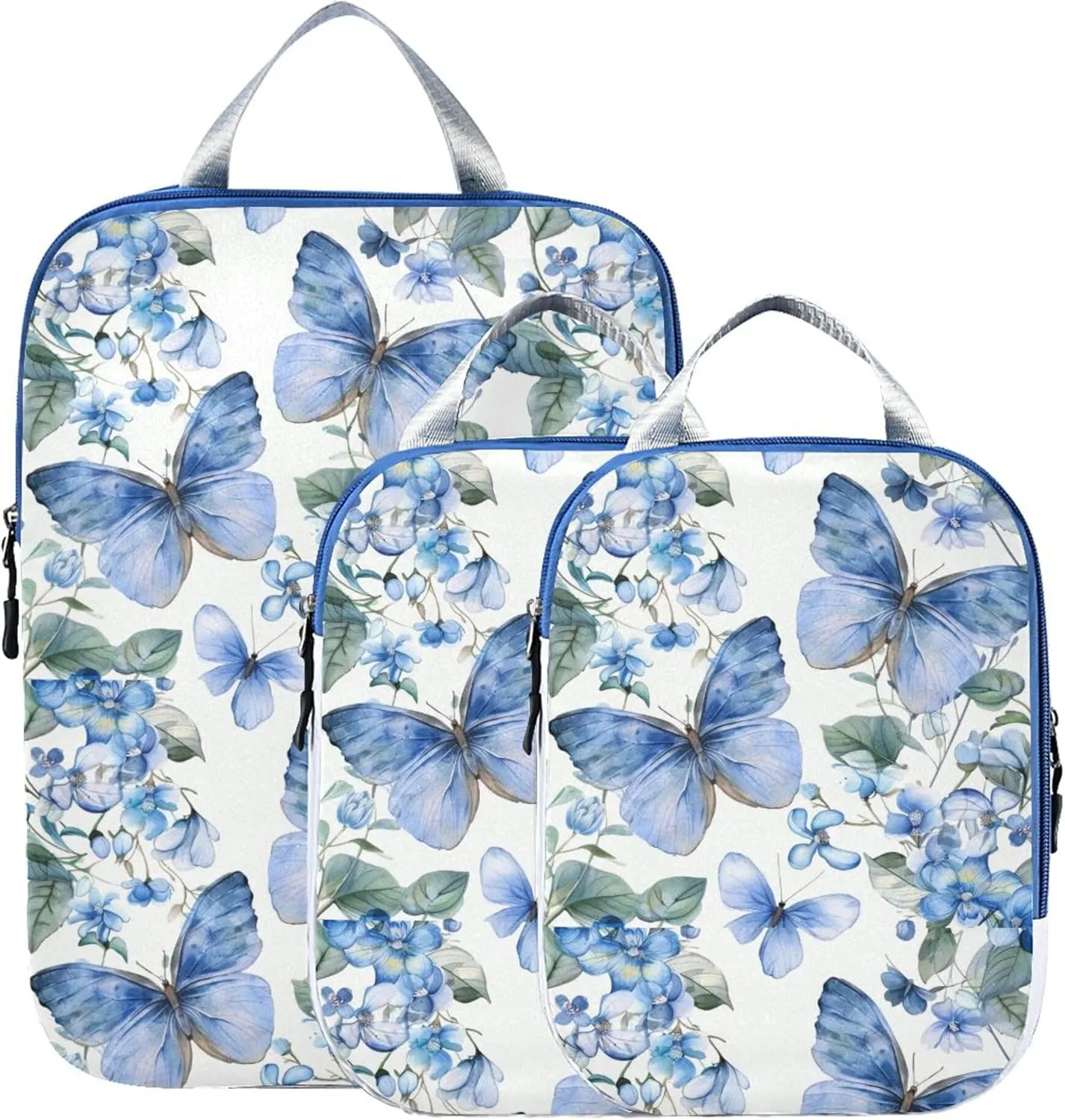 MNSRUU Compression Packing Cubes for Suitcases 3 Set, Butterflies and Leaves Blue Flowers Travel Luggage Organiser Portable Toiletry Storage Bags for Clothes Shoes Home Storage