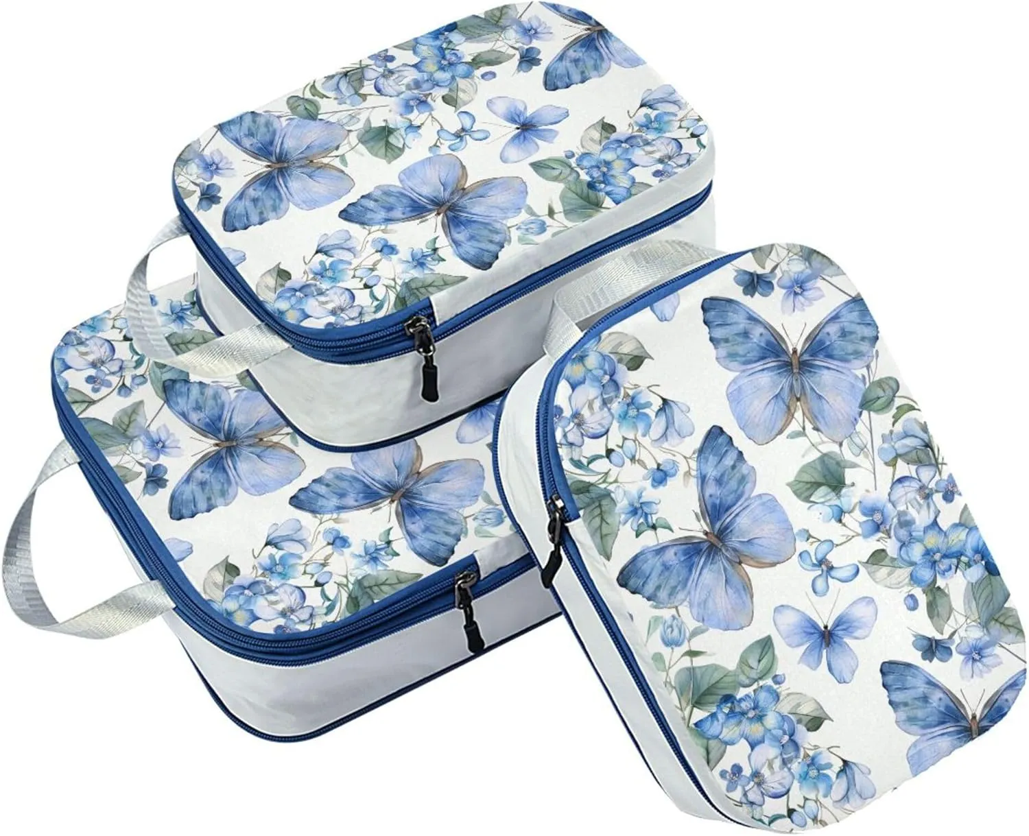 MNSRUU Compression Packing Cubes for Suitcases 3 Set, Butterflies and Leaves Blue Flowers Travel Luggage Organiser Portable Toiletry Storage Bags for Clothes Shoes Home Storage