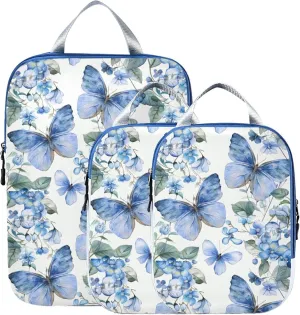 MNSRUU Compression Packing Cubes for Suitcases 3 Set, Butterflies and Leaves Blue Flowers Travel Luggage Organiser Portable Toiletry Storage Bags for Clothes Shoes Home Storage