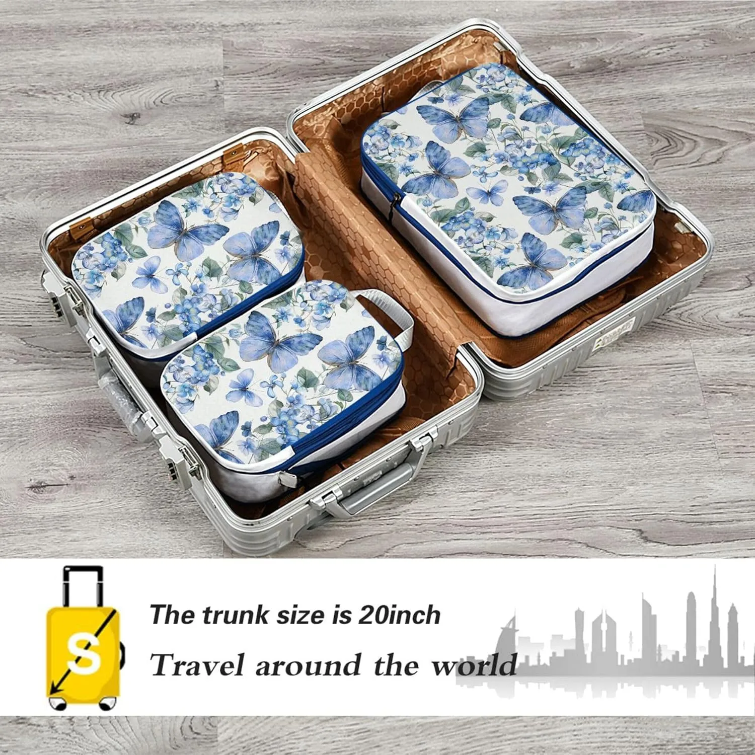 MNSRUU Compression Packing Cubes for Suitcases 3 Set, Butterflies and Leaves Blue Flowers Travel Luggage Organiser Portable Toiletry Storage Bags for Clothes Shoes Home Storage