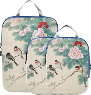 MNSRUU Compression Packing Cubes for Suitcases 3 Set, Ink Peony Flower Bird Travel Luggage Organiser Portable Toiletry Storage Bags for Clothes Shoes Home Storage