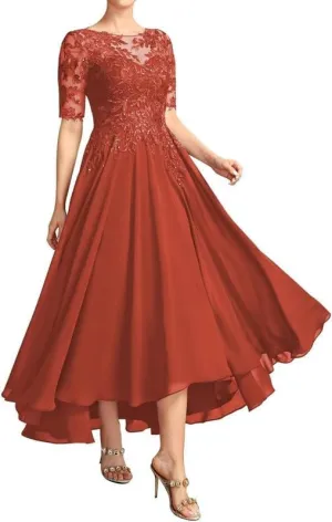 Mother of The Bride Dresses for Wedding Tea Length Lace Applique Chiffon Formal Evening Gowns with Sleeves