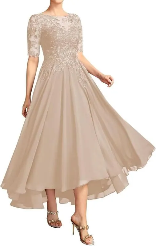 Mother of The Bride Dresses for Wedding Tea Length Lace Applique Chiffon Formal Evening Gowns with Sleeves