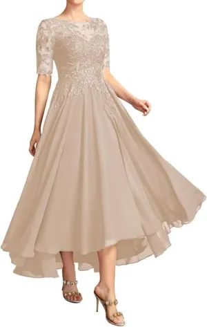 Mother of The Bride Dresses for Wedding Tea Length Lace Applique Chiffon Formal Evening Gowns with Sleeves
