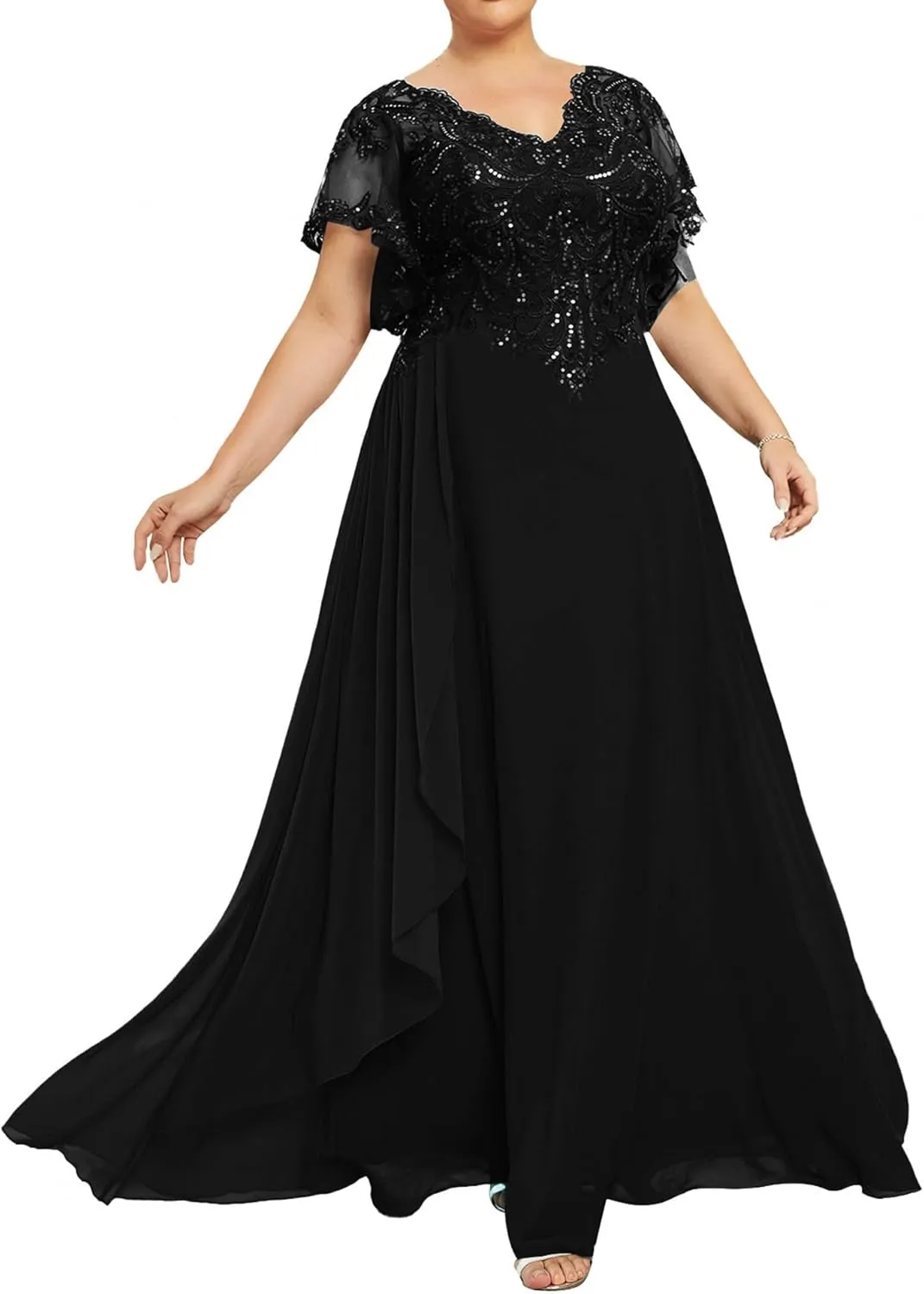 Mother of The Bride Dresses Plus Size Evening Dress V Neck Lace Long Formal Gowns with Sleeves