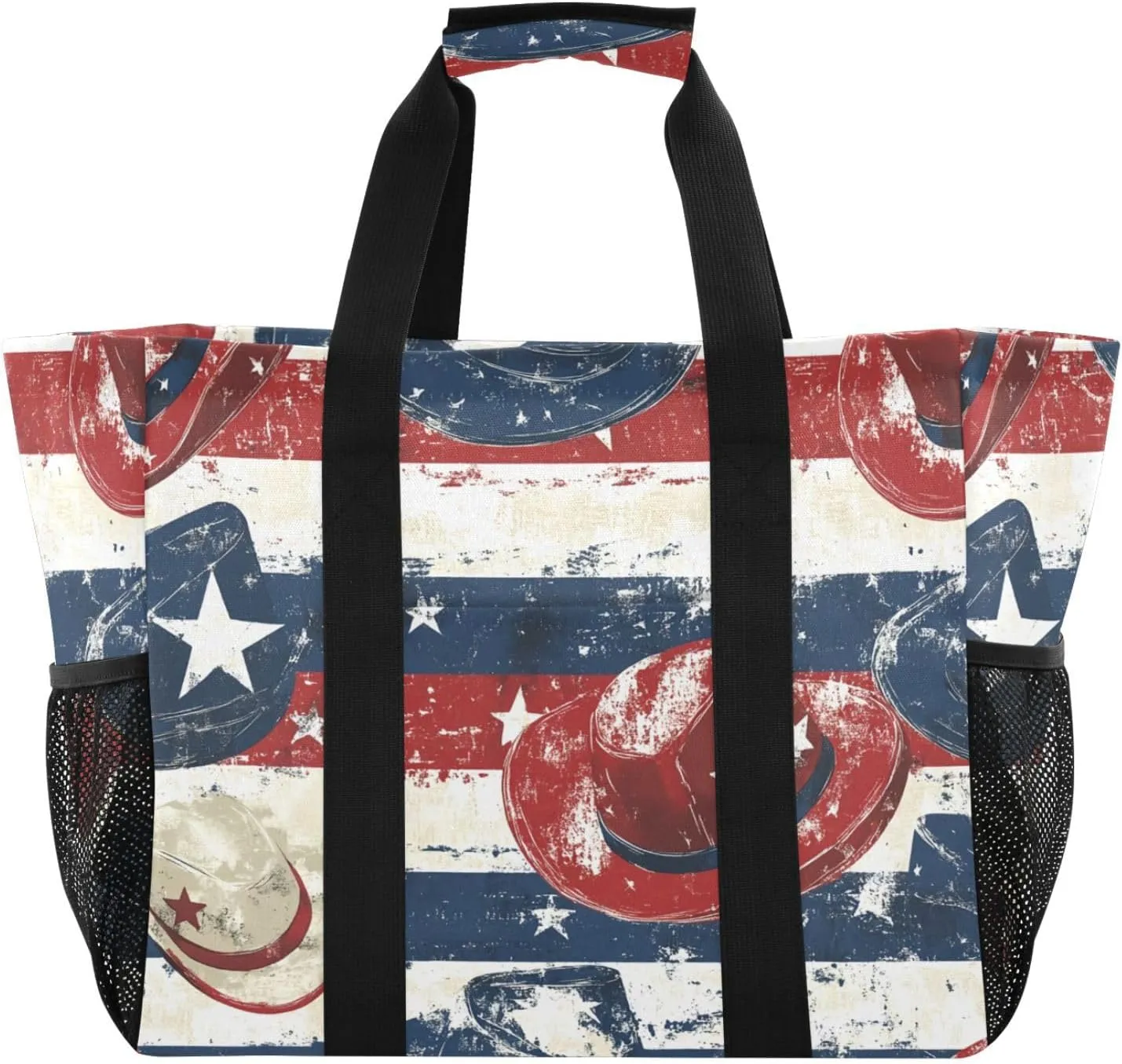 Nander American Flag Style Cowboy Hat Reusable Grocery Bags,Large Grocery Tote Bag Water Resistant Shopping Bags Foldable Grocery Bag for Clothes,Shoes and Picnic