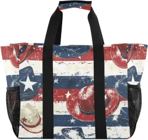 Nander American Flag Style Cowboy Hat Reusable Grocery Bags,Large Grocery Tote Bag Water Resistant Shopping Bags Foldable Grocery Bag for Clothes,Shoes and Picnic