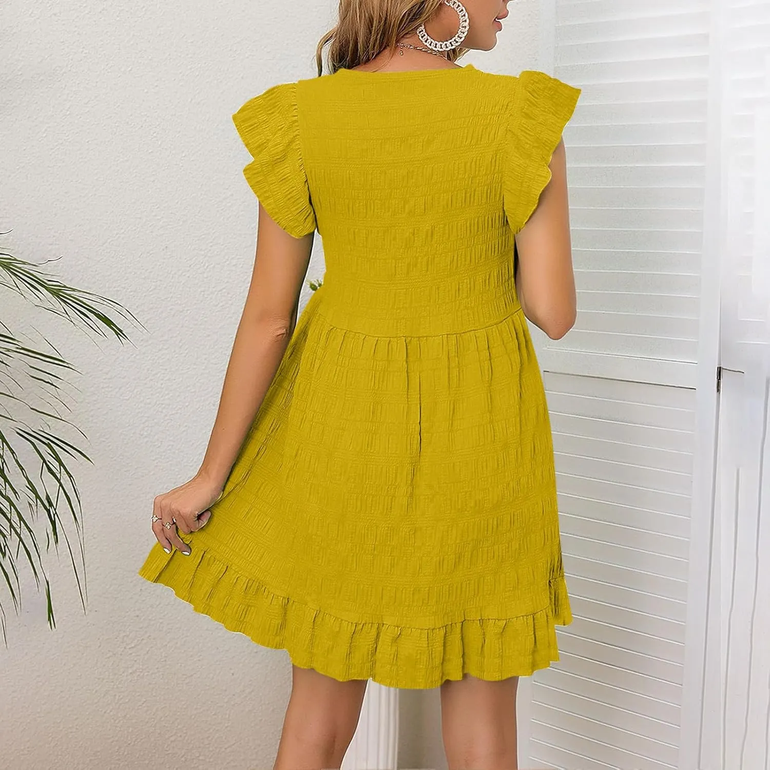 NaRHbrg Women's Babydoll Dress Short Sleeve V Neck Ruffle Summer Casual Loose Swing Dresses Flowy A-Line Mini Sundress
