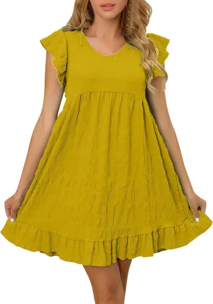 NaRHbrg Women's Babydoll Dress Short Sleeve V Neck Ruffle Summer Casual Loose Swing Dresses Flowy A-Line Mini Sundress