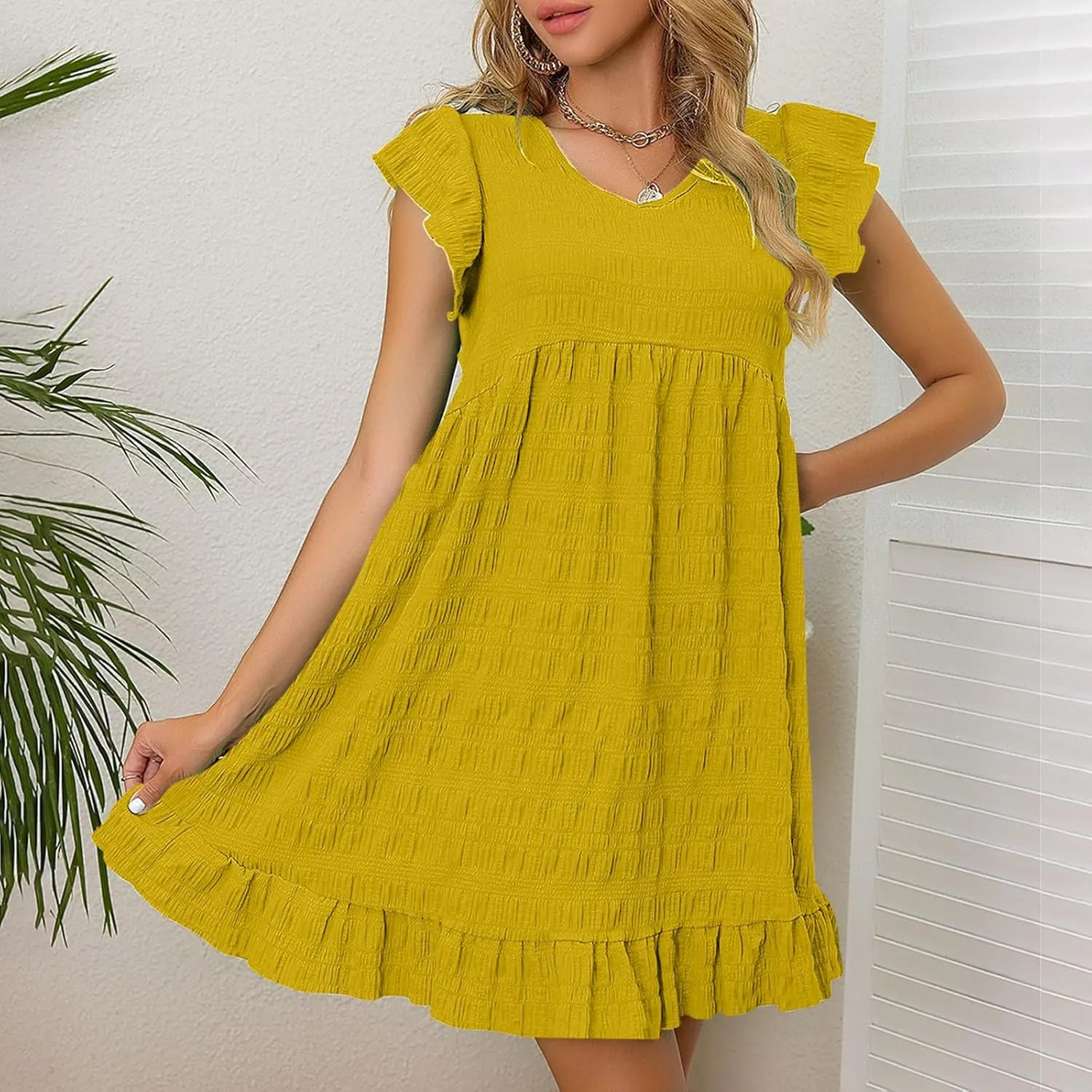 NaRHbrg Women's Babydoll Dress Short Sleeve V Neck Ruffle Summer Casual Loose Swing Dresses Flowy A-Line Mini Sundress
