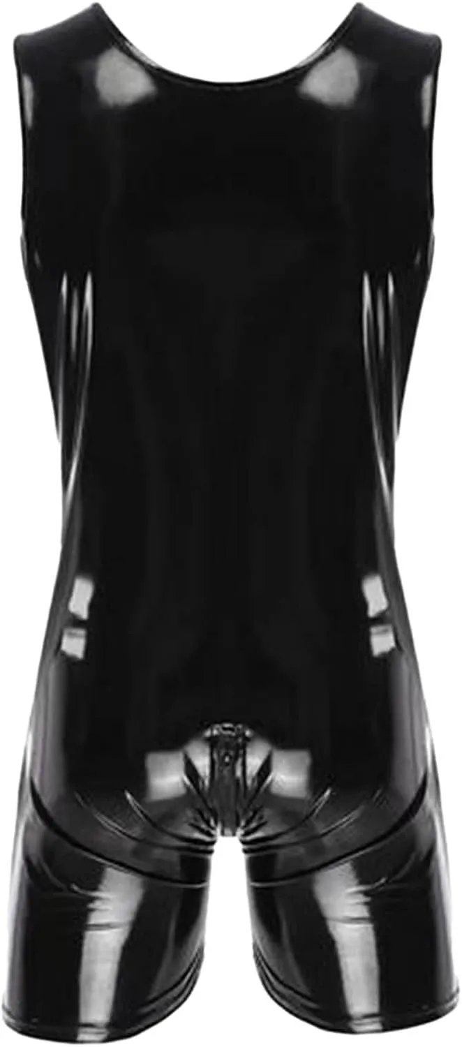 One Piece Latex Leather Bodysuit for Men Zip Crotch Jumpsuit Tank Top Wetlook Swimsuit Sleeveless Shapewear Clubwear